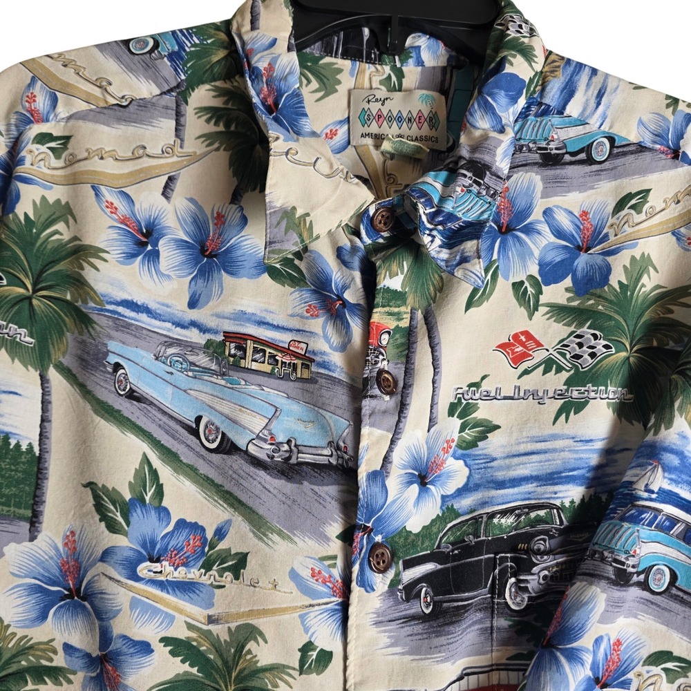 Reyn Spooner Classic Car Hawaiian Shirt Mens XL Cream Blue Chevy Bel Air Nomad